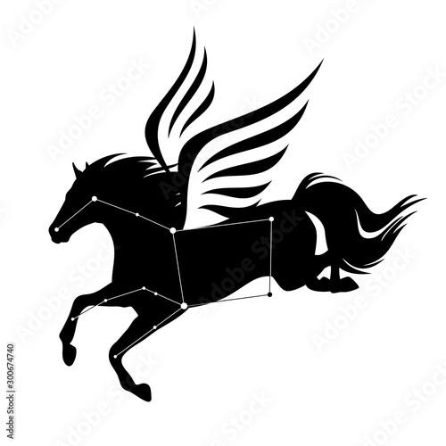 flying pegasus horse and star constellation - greek mythology inspiration symbol and astronomy silhouette black and white vector design