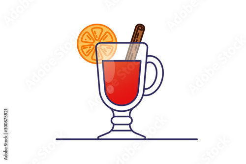 Line flat style mulled wine christmas drink with cinnamon and orange on white background. Vector illustration.