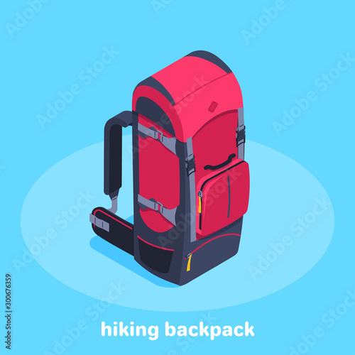 isometric vector image on a blue background, red with a black travel backpack, travel fees and equipment purchase