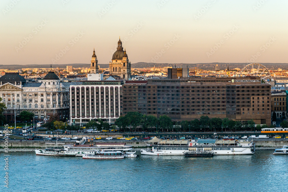 Naklejka premium Budapest, Hungary - October 01, 2019: Budapest, Hungary, Intercontinental hotel on Danube river