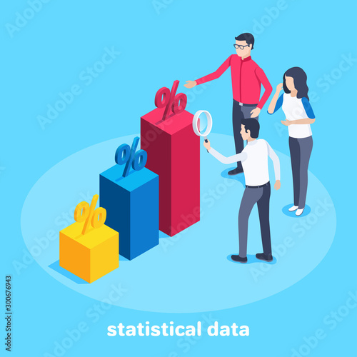 isometric vector image on a blue background, a man and a woman are standing near the column of the chart, studying statistical data
