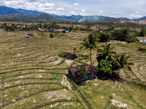 Aerial Of Rice Fields In Dry Season With Drought with beautiful rural landscape view in Tambunan, Sabah, Borneo photo