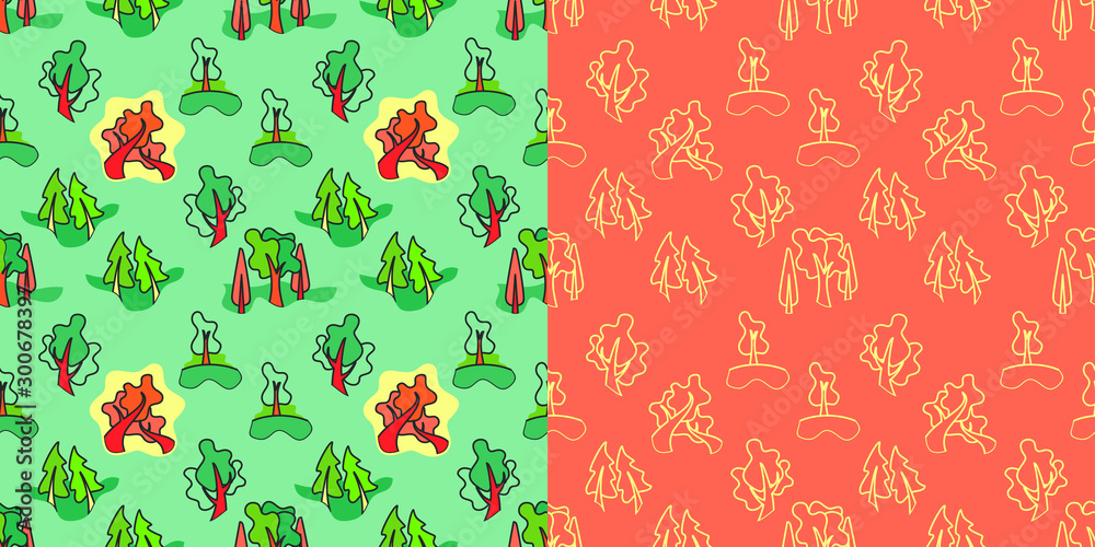 Colorful seamless pattern of different trees. Vector forest illustration. Simple   cartoon flat style. The best for design textile fabric paper, wallpaper, kids.   Wrapping.