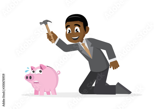 Cartoon character African businessman breaking piggy bank.