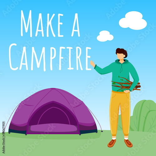 Make campfire social media post mockup. Camping in forest. Active vacation. Advertising web banner design template. Booster, content layout. Promotion poster, print ads with flat illustrations
