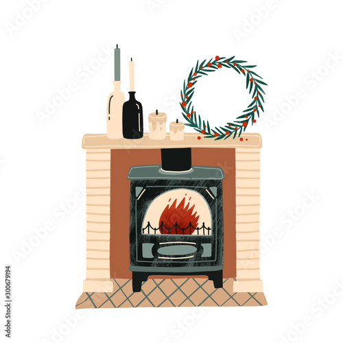 Fireplace with Christmas decorations flat vector illustration
