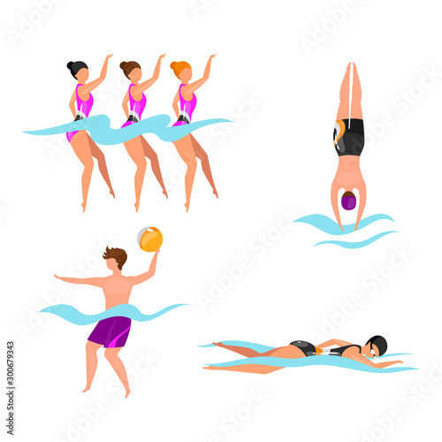 Extreme water sports flat vector illustrations set. Synchronized swimming athletes. Man playing volleyball in water. Swimmers in pool, sea, ocean. Active lifestyle isolated cartoon characters