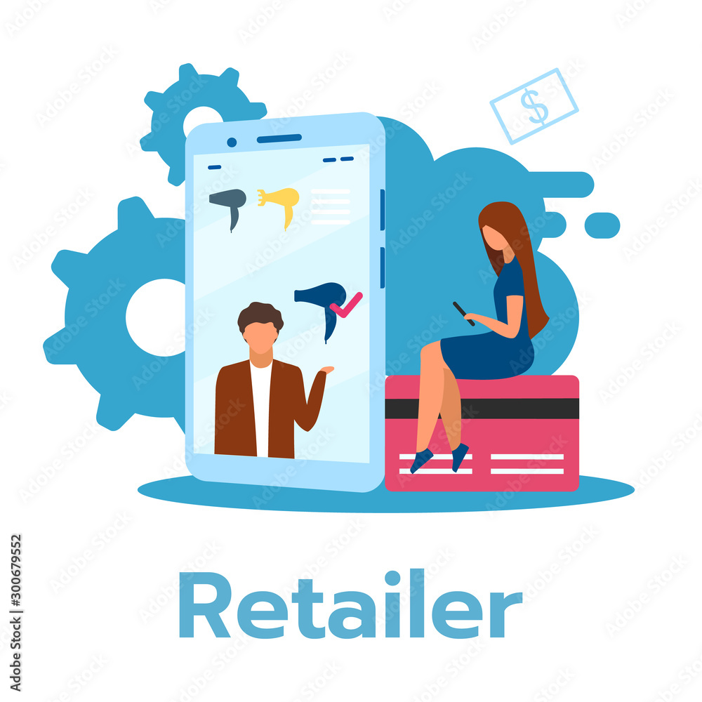 Retailer flat vector illustration. Selling consumer goods. Merchandise distibution. Product display on smartphone. Online shopping. E-commerce. Business model. Isolated cartoon character on white