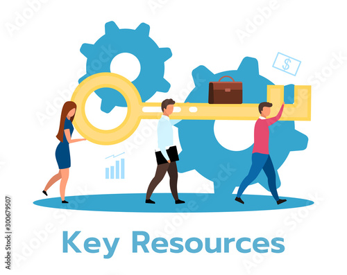 Key resources flat vector illustration. Effective company functioning. Organization management assets. Business model. Human resource. Teamwork. Isolated cartoon character on white background
