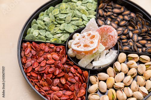 Traditional chinese snack tray for lunar new year celebration photo