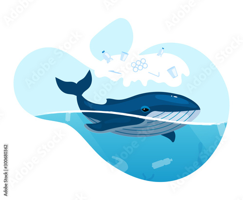 Whale in ocean with plastic waste flat concept icon. Sea water pollution problem. Marine animal trapped in plastic garbage sticker, clipart. Isolated cartoon illustration on white background