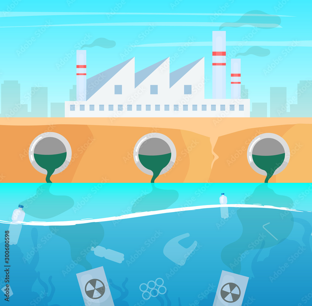 Naklejka premium Water and air pollution flat vector illustration. Manufacture industry nature damage. Ecological catastrophe. Plastic garbage in ocean. Sea contamination. Industrial factory toxic pollutions