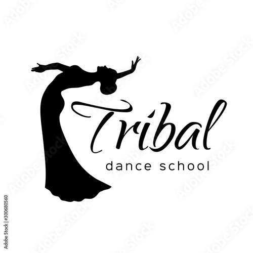 Tribal dance logo. Emblem with dancing woman for school, festival, party, event, classes.