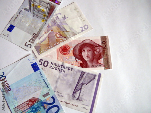 Banknotes of the world. Scandinavian Currency: Norwegian, Swedish and Danish Kroner, as well as the European Union's total convertible currency is the Euro. photo
