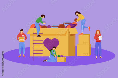 Orphanage donation flat vector illustration. Volunteers community isolated cartoon characters on purple background. Young people donating school supplies for poor children. Philanthropy concept