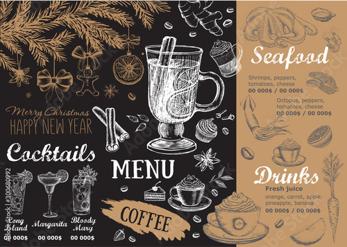 Happy New Year party. Christmas menu template. Hand drawn illustration	