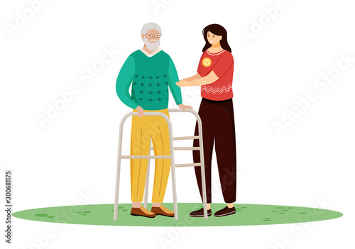 Elderly nursing flat vector illustration. Happy retiree and nurse isolated cartoon characters on white background. Young woman taking care of aged man. Family support, volunteer work concept