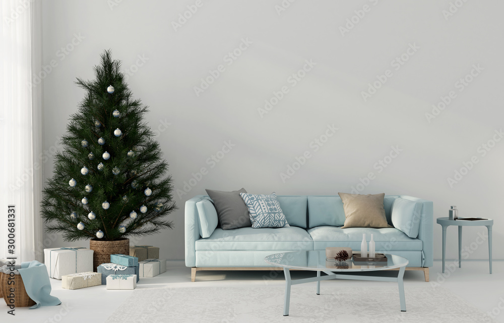 Festive blue living room interior with christmas tree - obrazy, fototapety, plakaty 