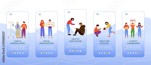 Voluntary work onboarding mobile app screen vector template. Charity activities, volunteering walkthrough website steps with flat characters. UX, UI, GUI smartphone cartoon interface concept