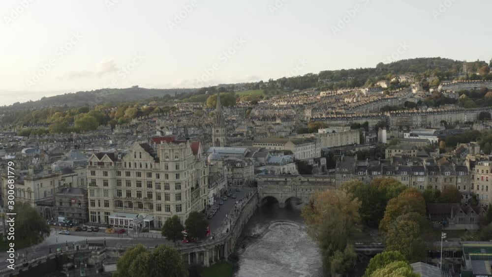 Bath city centre in the uk with georgian architecture and river running through. Drone dolly forward. Bath city centre in the uk with georgian architecture and river running through. Drone dolly forward.