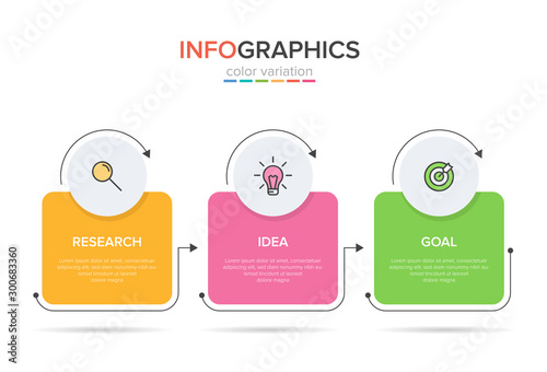 Concept of arrow business model with 3 successive steps. Three colorful graphic elements. Timeline design for brochure, presentation. Infographic design layout.