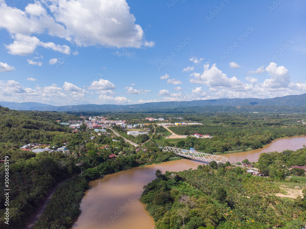 Beautiful Rural landscape scene with clear blue sky at small town TENOM, SABAH, MALAYSIA