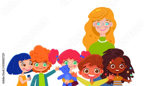 Pretty young woman with a group of smiling children waving at the camera. Nanny, teacher