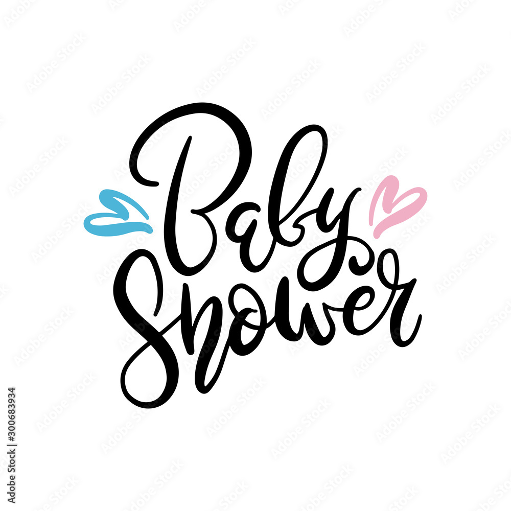 Baby shower text isolated on white background for party invitation, greeting card, banner. Handwritten holiday calligraphy. Vector lettering illustration with hearts Baby shower text isolated on white background for party invitation, greeting card, banner. Handwritten holiday calligraphy. Vector lettering illustration with hearts