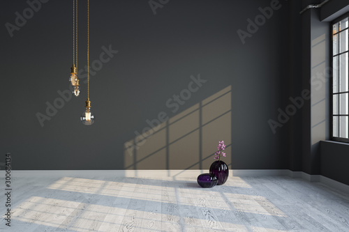 Modern design. Empty dark room with pendant lights. Decorative background  copy space.