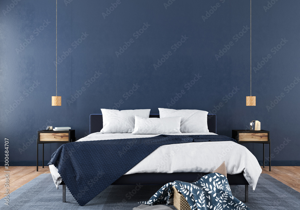 Stylish bedroom interior in trendy blue - obrazy, fototapety, plakaty 