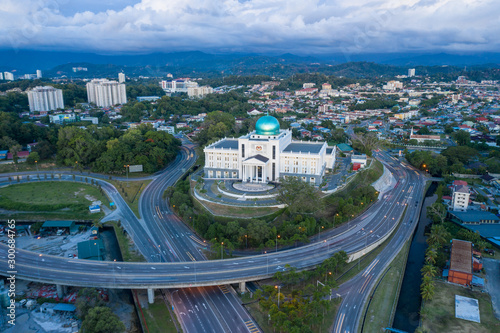 Aerial image of new Court Complex building of Kota Kinabalu, Sabah during twilight sunset