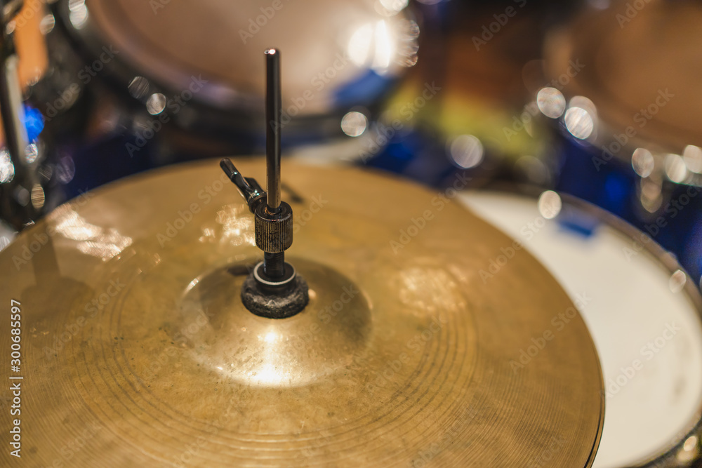 Drum set and cymbals in music room ,close up photo with selective focus. Drum set and cymbals in music room ,close up photo with selective focus.