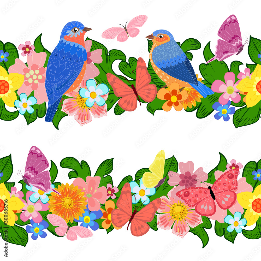 vintage collection of seamless leaf borders with cute birds and