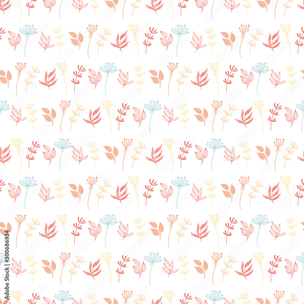 Fun and cute hand drawn floral seamless pattern - branches, leaves, flower doodles repeat background - great for textiles, banners, wallpapers, wrapping - vector design