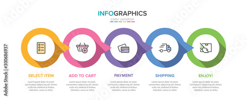 Concept of shopping process with 5 successive steps. Five colorful graphic elements. Timeline design for brochure, presentation, web site. Infographic design layout.