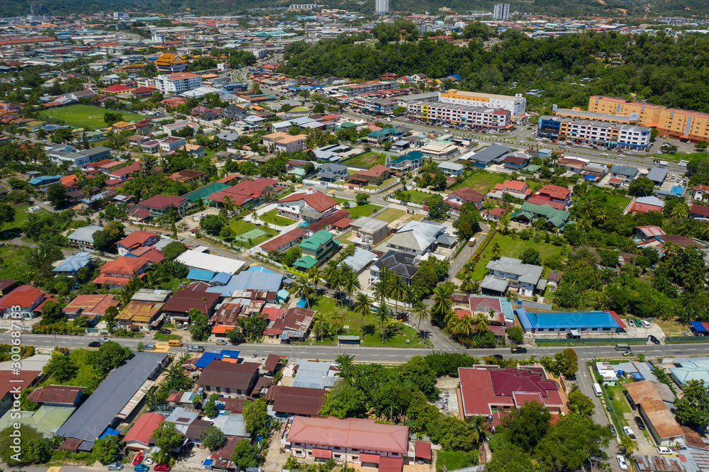 Aerial drone image of beautiful rural town local lifestyle houses residential of Menggatal Town, Sabah, Malaysia