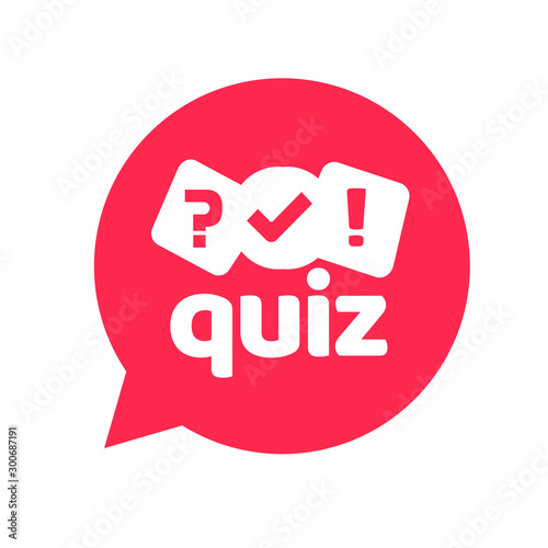 Quiz logo icon vector symbol, flat cartoon red bubble speech with question and check mark signs as competition game or interview logotype, poll or questionnaire modern creative horizontal image