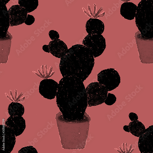 Creative seamless pattern with hand drawn cactuses in pots. Bright botanical ...
