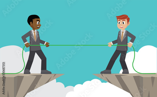 Cartoon character, Businessmen pulling rope over precipice.