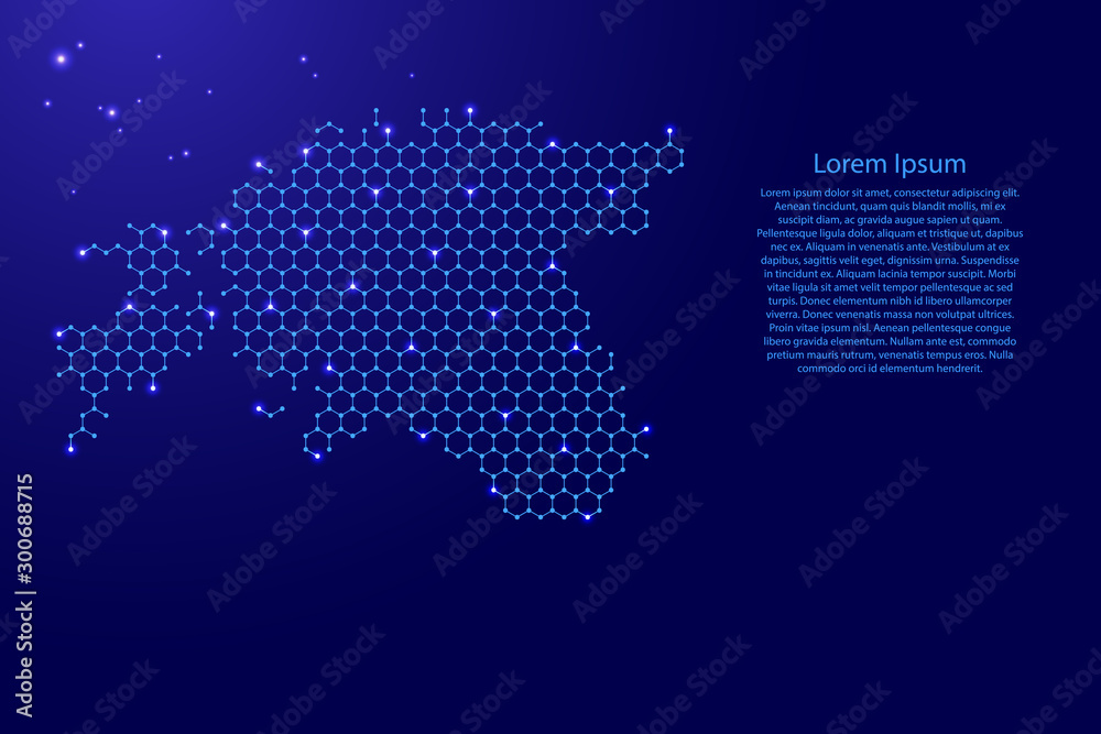 Estonia map from futuristic hexagonal shapes, lines, points  blue and glowing stars in nodes, form of honeycomb or molecular structure for banner, poster, greeting card. Vector illustration.