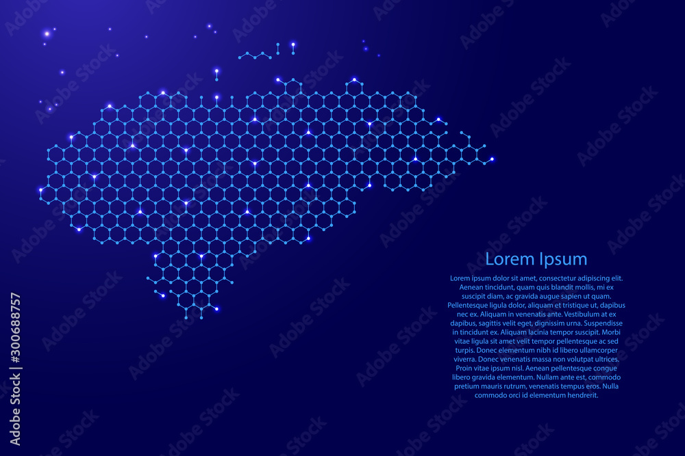 Honduras map from futuristic hexagonal shapes, lines, points  blue and glowing stars in nodes, form of honeycomb or molecular structure for banner, poster, greeting card. Vector illustration.