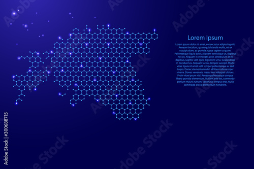 Estonia map from futuristic hexagonal shapes, lines, points blue and glowing stars in nodes, form of honeycomb or molecular structure for banner, poster, greeting card. Vector illustration.