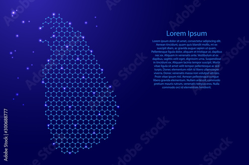 Sri Lanka map from futuristic hexagonal shapes, lines, points  blue and glowing stars in nodes, form of honeycomb or molecular structure for banner, poster, greeting card. Vector illustration.