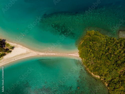 Amazing aerial image of Beautiful seascape scene of Kelambu Beach, Kudat, Sabah, Malaysia. (Image contain soft focus and blur and gain noise)