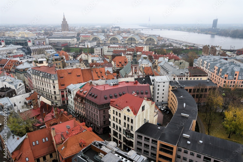 Riga, Latvia, November 2019. View of the river and the city center from the observation deck.