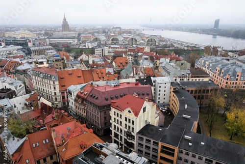 Riga, Latvia, November 2019. View of the river and the city center from the observation deck.