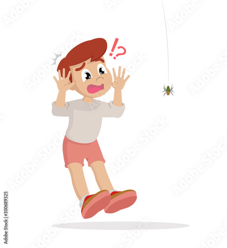 Cartoon character, boy scared of spider.