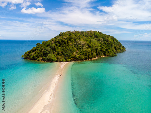 Amazing aerial image of Beautiful seascape scene of Kelambu Beach, Kudat, Sabah, Malaysia. (Image contain soft focus and blur and gain noise) photo