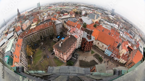 Riga, Latvia, November 2019. A significant part of the old city from the height of the observation deck on the tower of the cathedral.