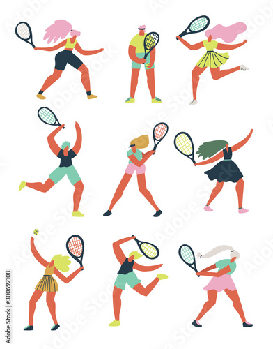 Sportswoman playing tennis vector cartoon characters set. Professional athlete with racket hitting ball hand drawn illustrations